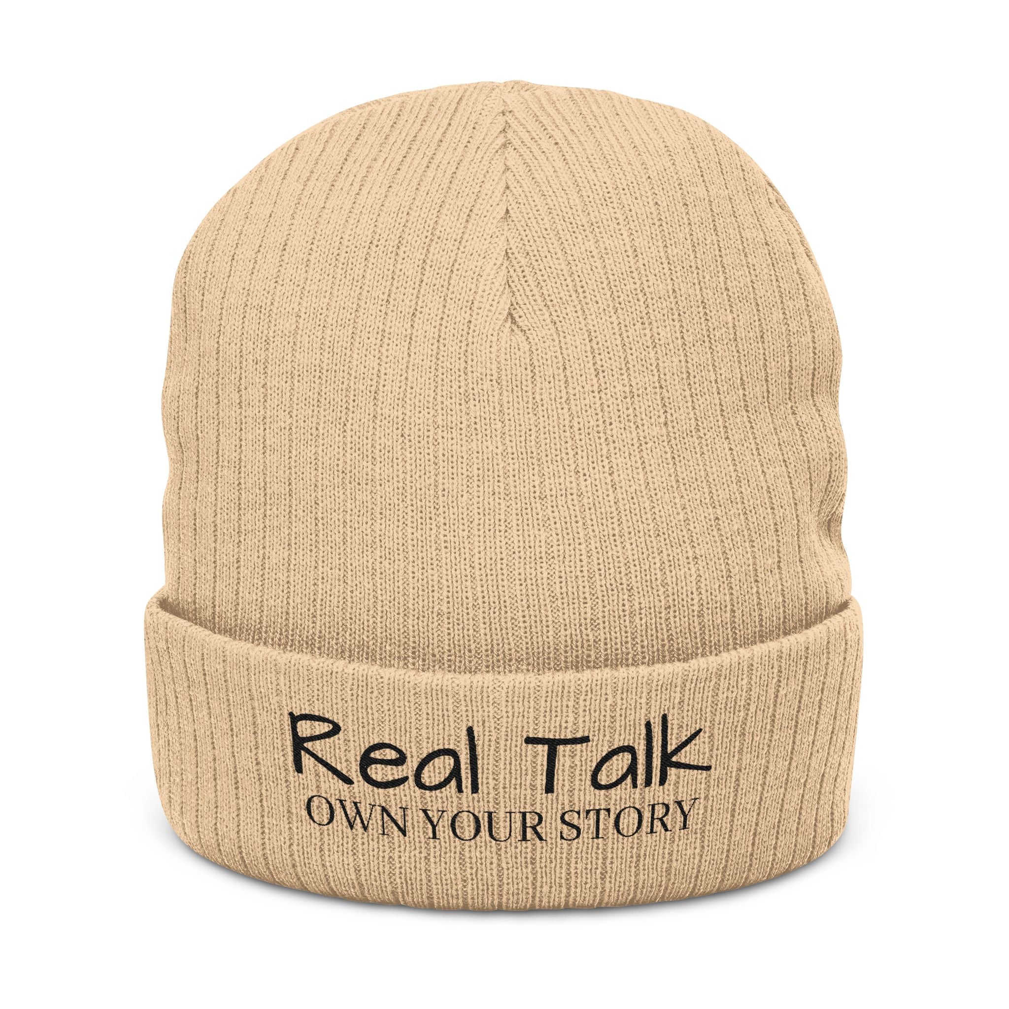 Embroidery Beanie — "Real Tak Own Your Story" Ribbed Knit Winter Hat