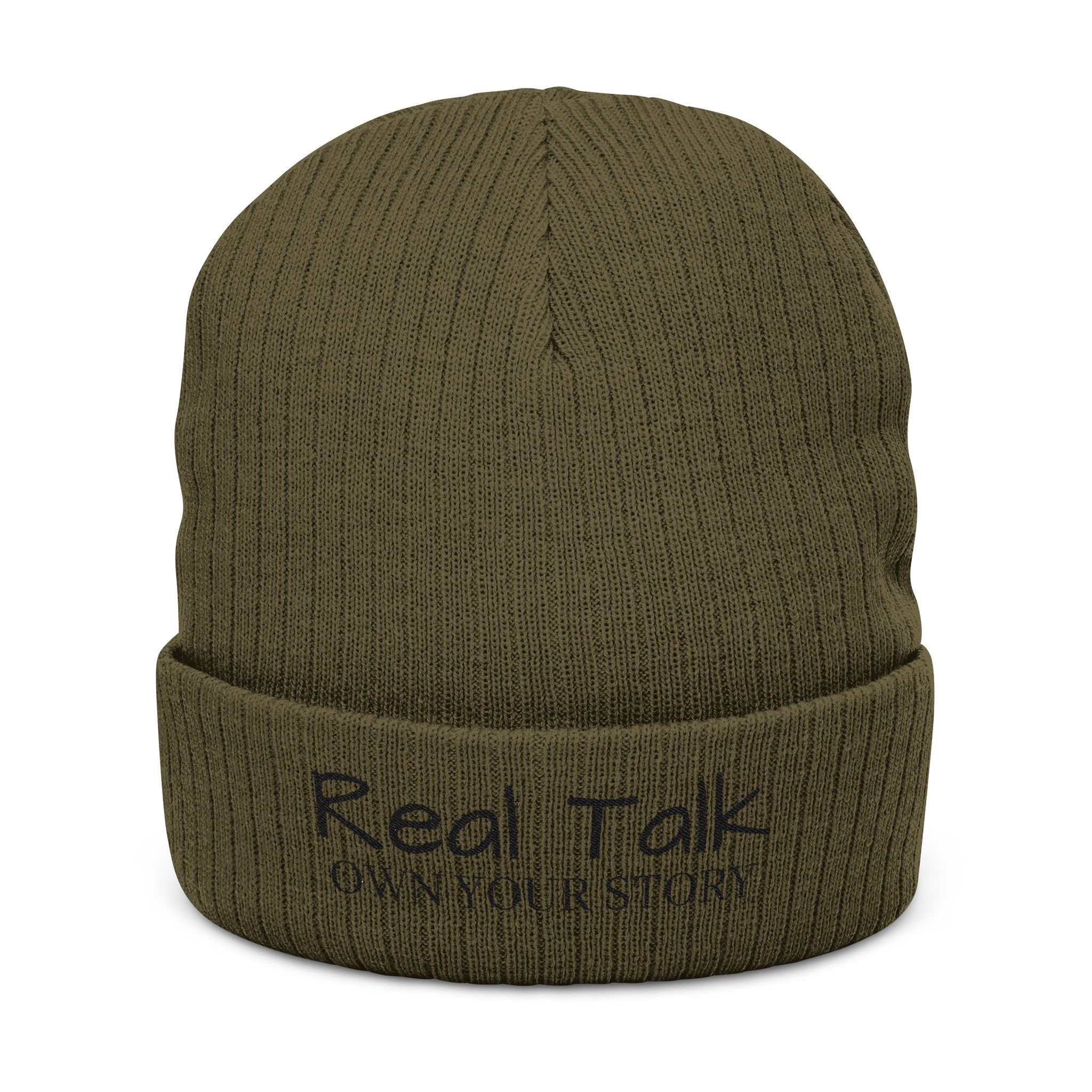 Embroidery Beanie — "Real Tak Own Your Story" Ribbed Knit Winter Hat
