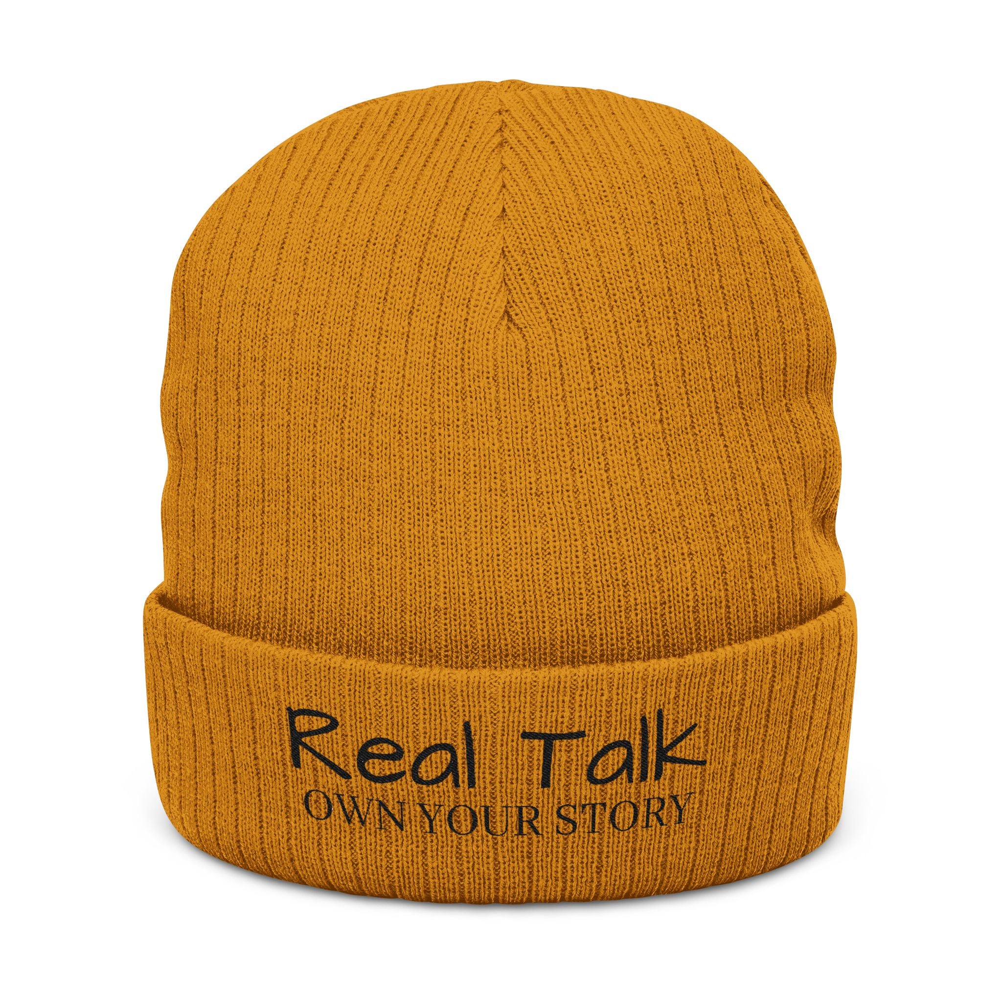 Embroidery Beanie — "Real Tak Own Your Story" Ribbed Knit Winter Hat