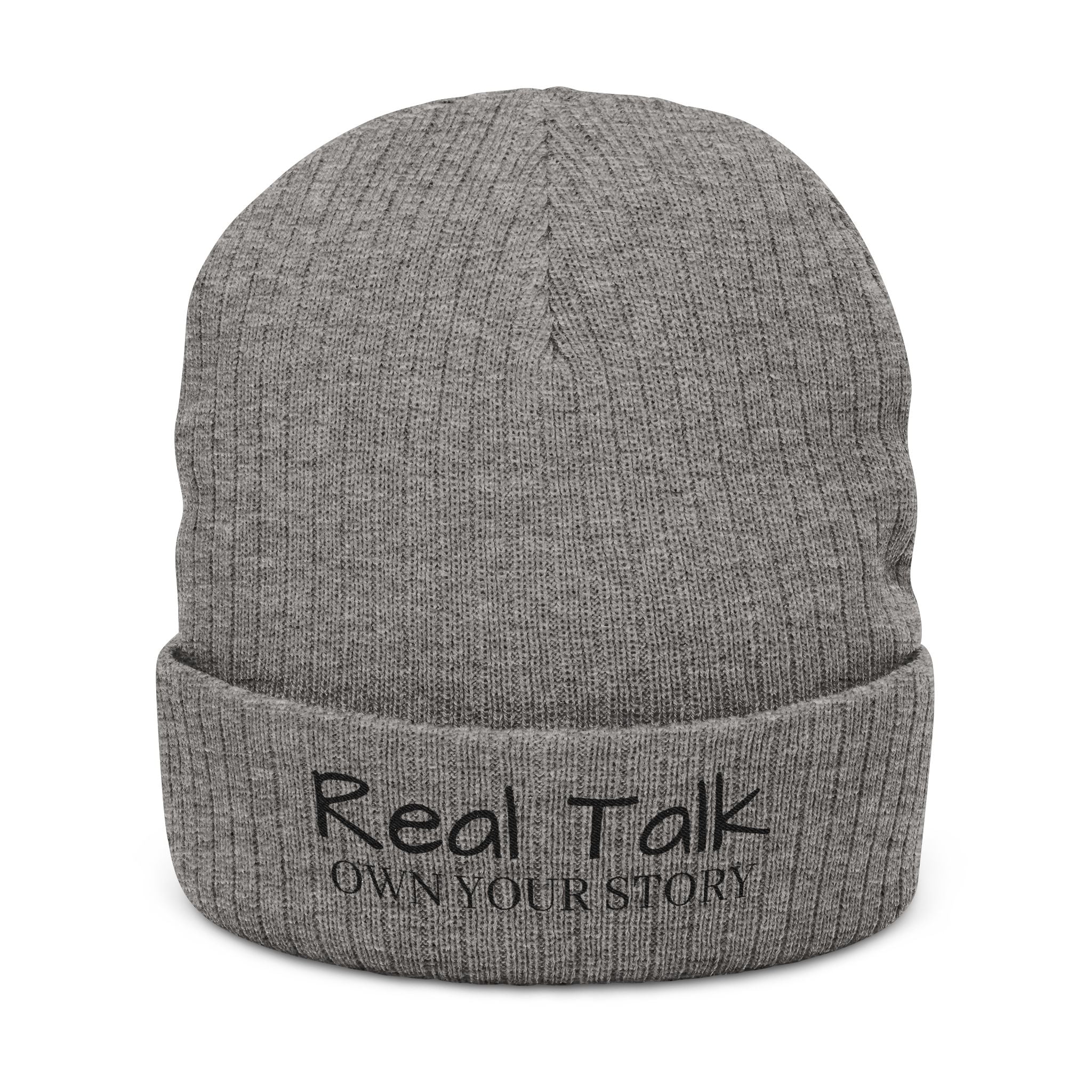 Embroidery Beanie — "Real Tak Own Your Story" Ribbed Knit Winter Hat