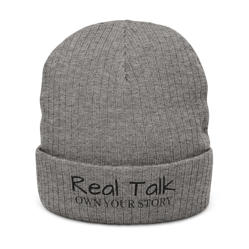 Embroidery Beanie — "Real Tak Own Your Story" Ribbed Knit Winter Hat