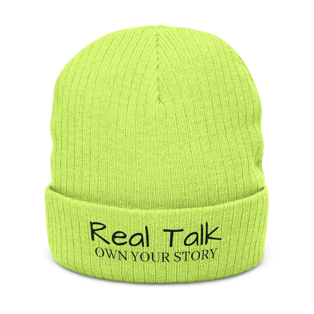 Embroidery Beanie — "Real Tak Own Your Story" Ribbed Knit Winter Hat