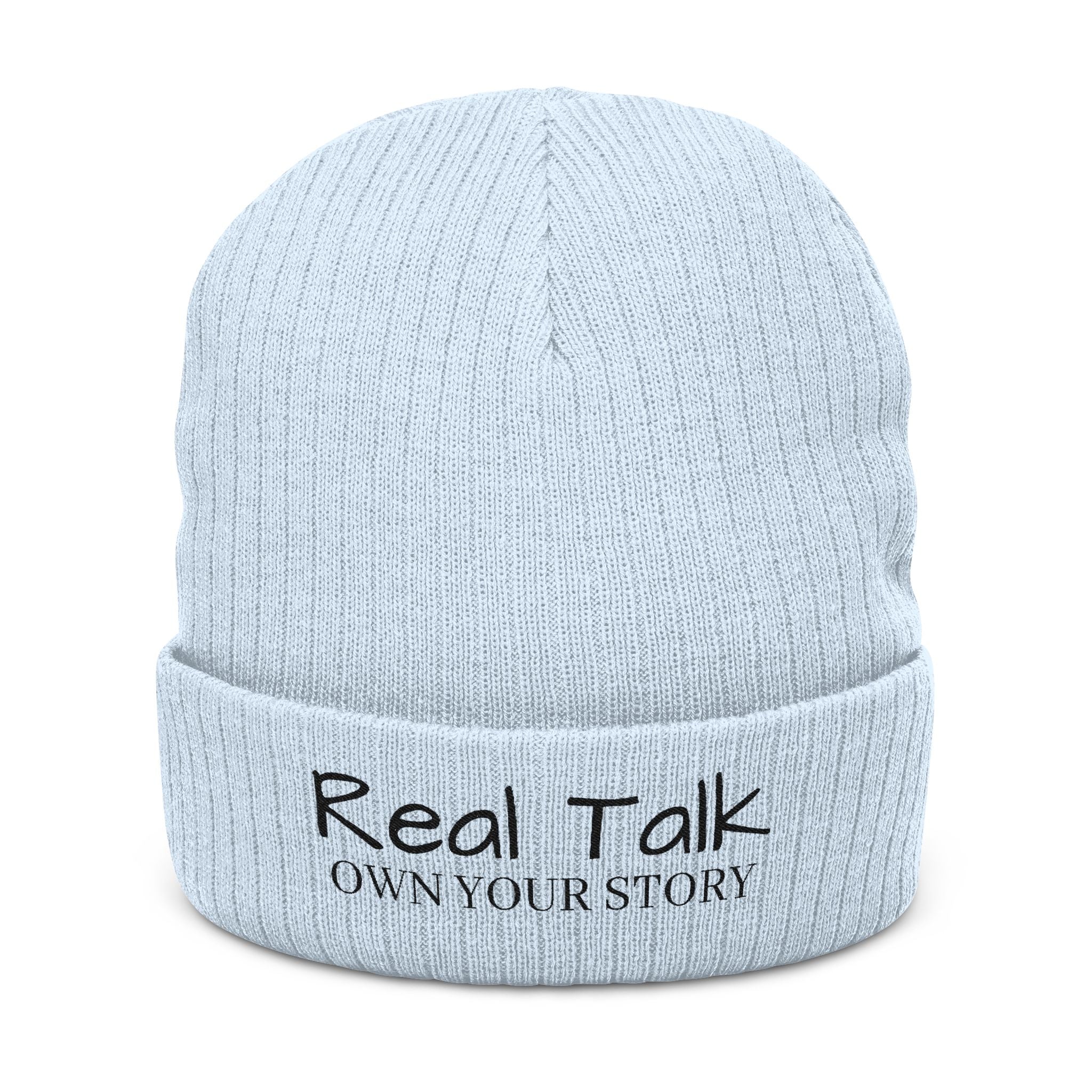 Embroidery Beanie — "Real Tak Own Your Story" Ribbed Knit Winter Hat