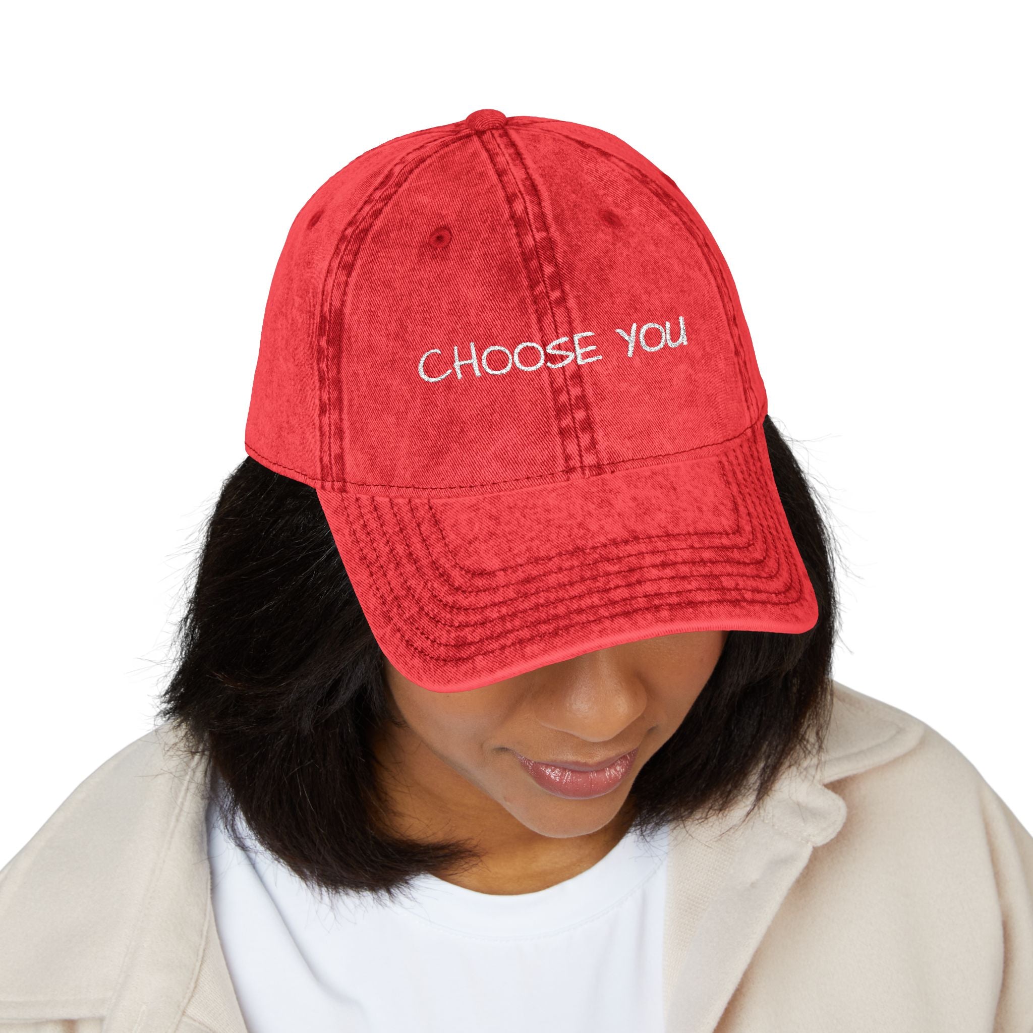 "Choose You" Embroidered Vintage Cap — Distressed Red Baseball Hat for Self-Love & Everyday Wear