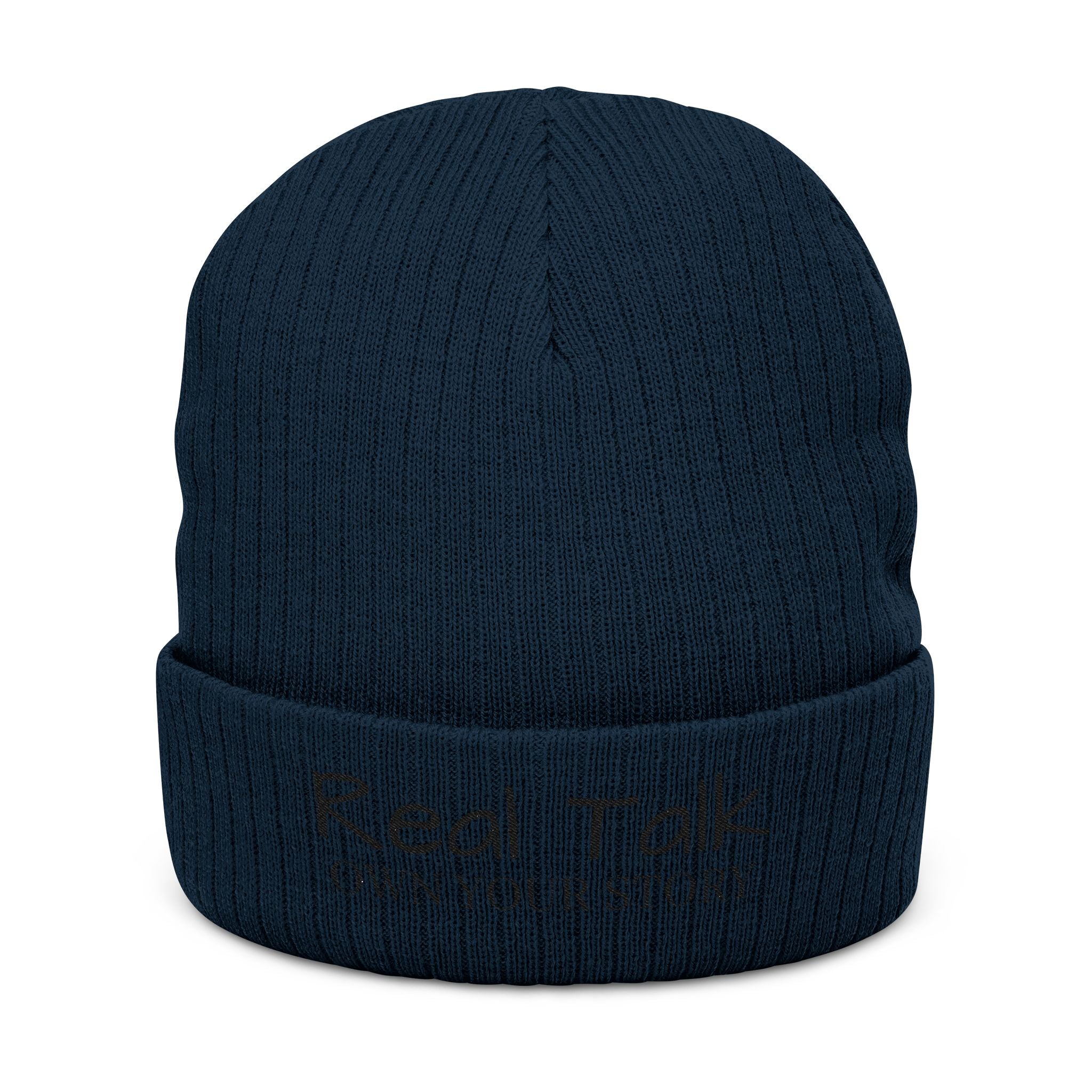 Embroidery Beanie — "Real Tak Own Your Story" Ribbed Knit Winter Hat